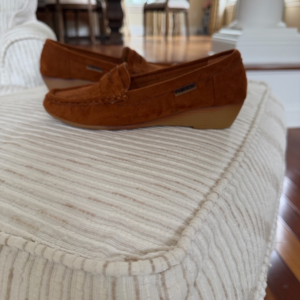 Golden Road Cognac Faux Suede Wedge Loafers | Dark Academia penny loafer 8 - Picture 3 of 14